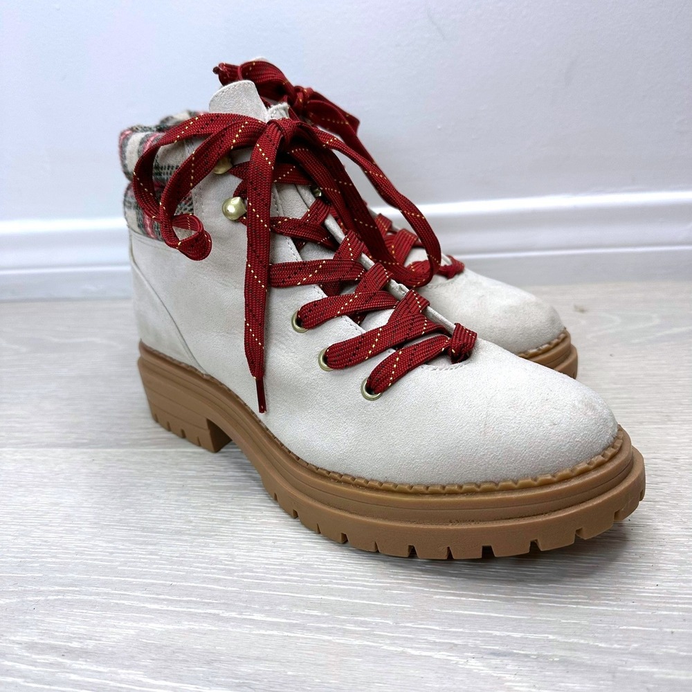 Sugar Rave Combat Boots Womens‎ 9 Cream Plaid Ankle Hiking Lug Sole